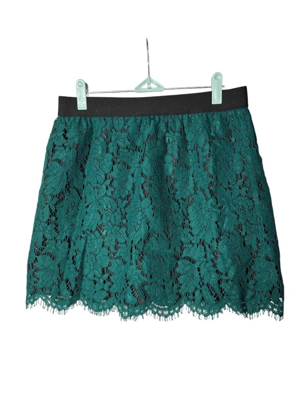 J.Crew Factory Mini Skirt 4 Kelly Green Lace Black Lining Pull On Elastic Waist